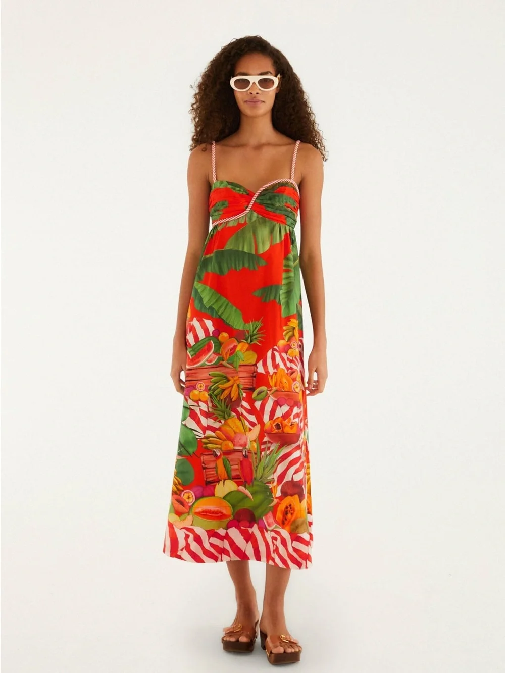 FARM Rio Red and Green Tropical Print Fruit Trolley with Rope Tie Maxi Dress - Picture 4 of 12